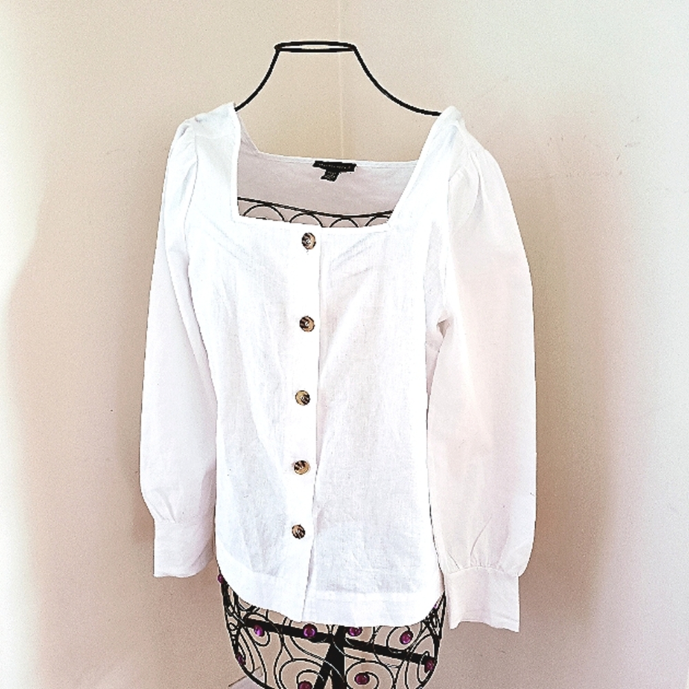 NEW SAKS FIFTH AVENUE Exclusivity Linen Blend Blouse Shirt Squareneck sz S White - Picture 11 of 15